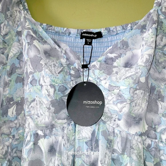 NWT Mittoshop Blue Gray Floral Princess Neckline Boho Midi Dress Size Large - Picture 7 of 15